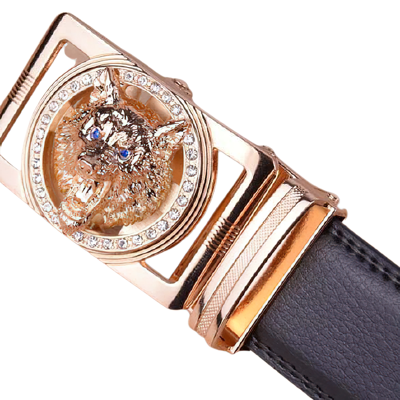 Men's luxury leather belt featuring a wolf head buckle with sparkling details, perfect for alternative fashion lovers.