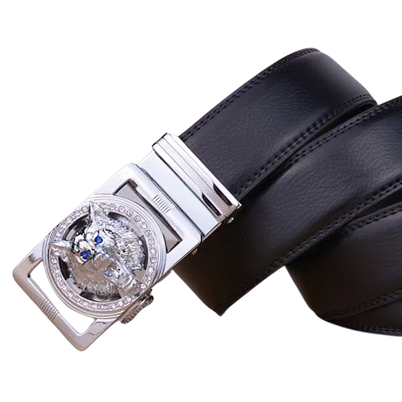 Men's luxury leather belt featuring a striking wolf head buckle, perfect for alternative fashion.