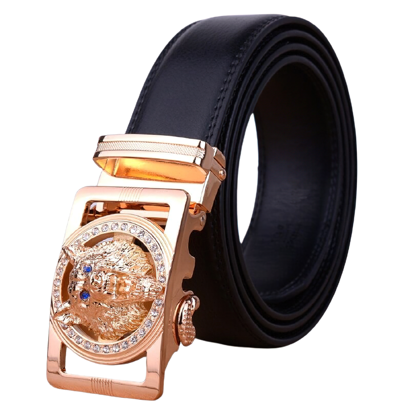 Men's luxury belt with a golden wolf head buckle set on black genuine leather, perfect for alternative fashion.