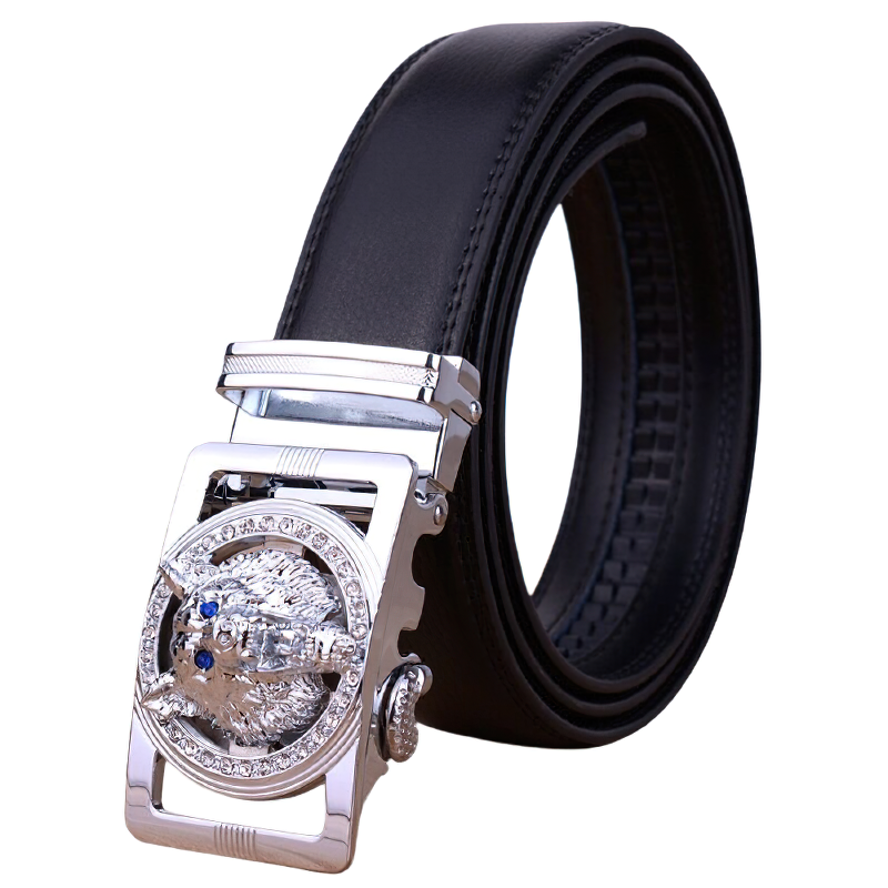 Men's luxury leather belt featuring a striking wolf head buckle for a unique alternative fashion statement.