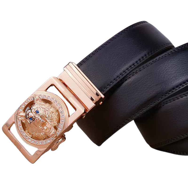 Men's luxury leather belt with eye-catching wolf head buckle and stylish design.