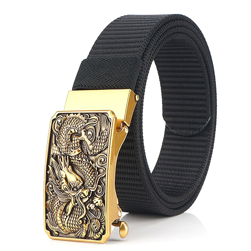 Men's military belt featuring a black nylon body and a gold zinc alloy dragon buckle, perfect for tactical style.