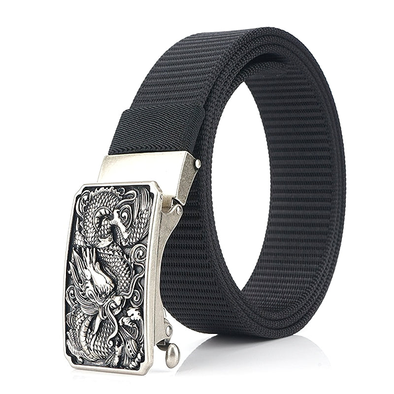 Men's military belt with adjustable nylon body and zinc alloy dragon buckle, perfect for tactical style and everyday wear.