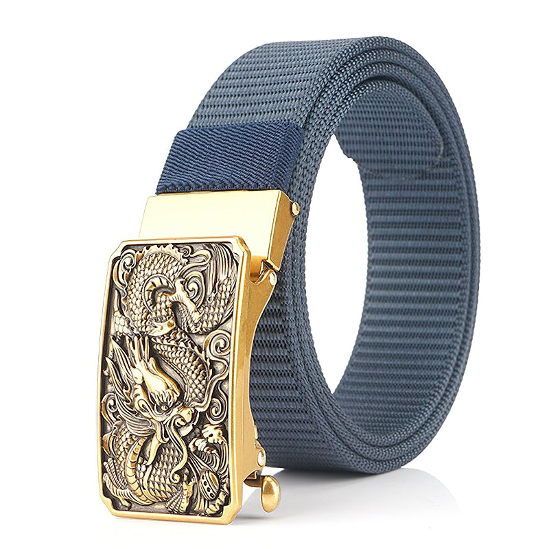 Men's military belt featuring a durable nylon body and a stunning gold dragon buckle for classic tactical style.