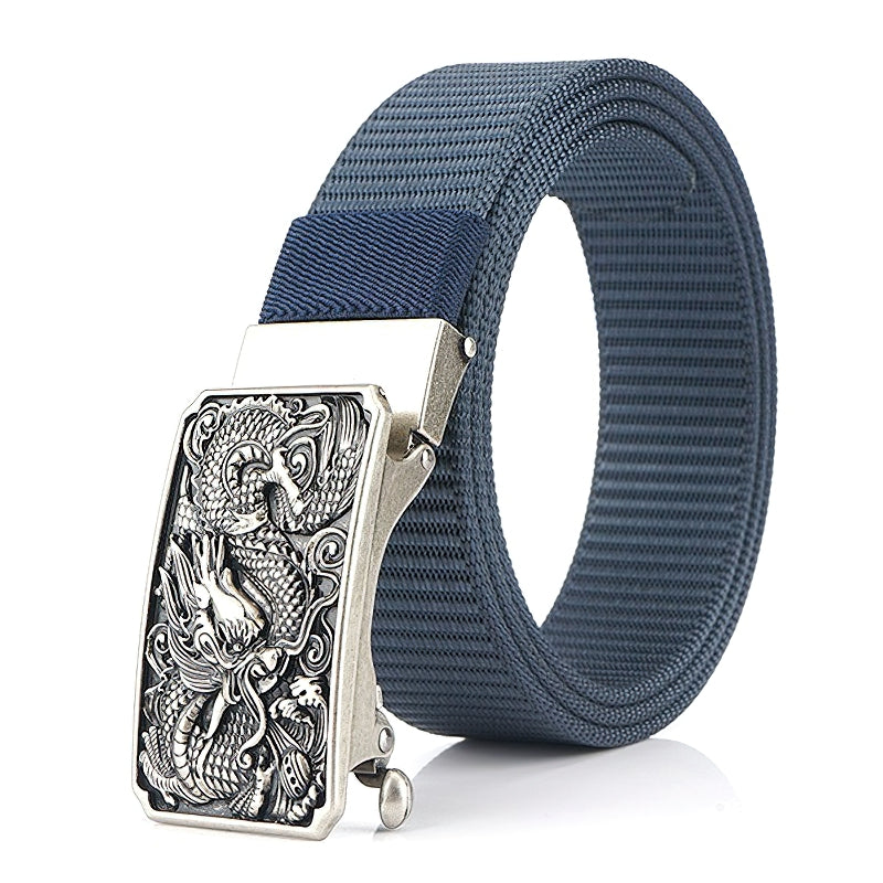 Men's military nylon belt with a zinc alloy dragon buckle, stylish and adjustable for any outfit.