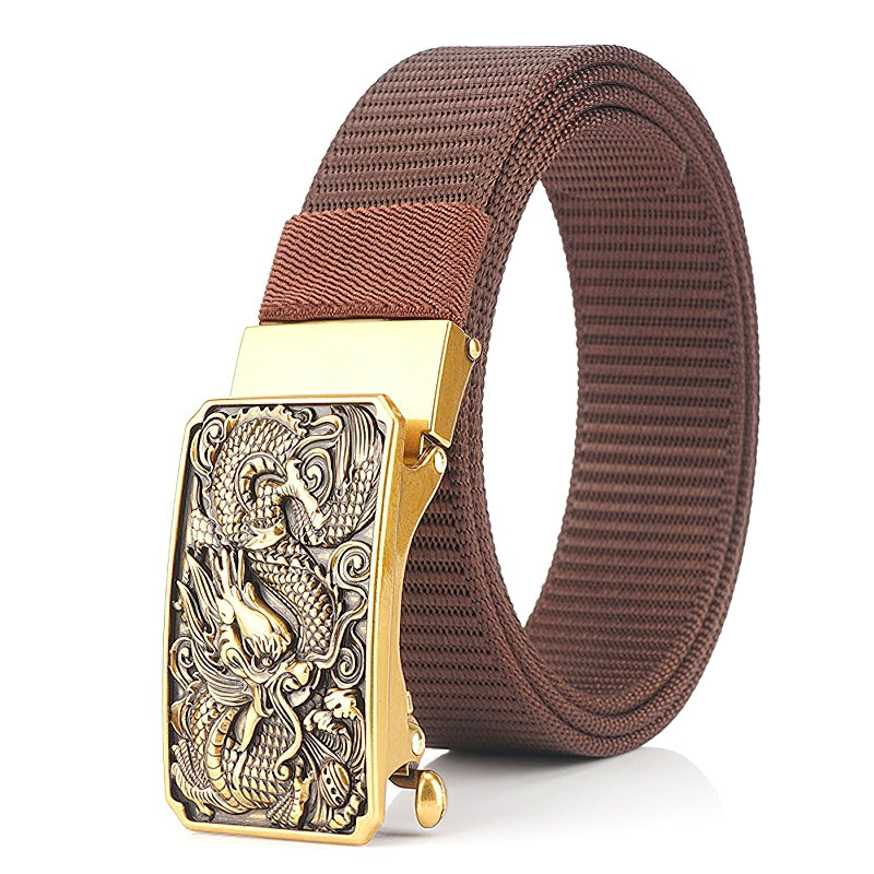 Men's military belt with dragon buckle, adjustable nylon design, perfect for a tactical look or casual wear.