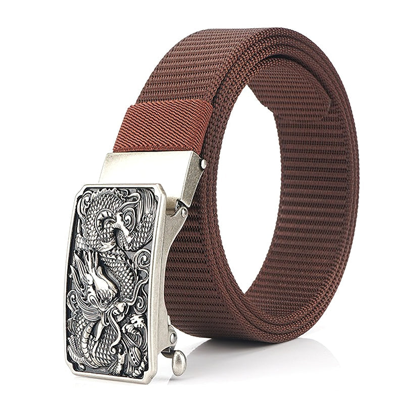 Men's military belt with stylish dragon buckle, made of durable nylon, perfect for tactical looks.