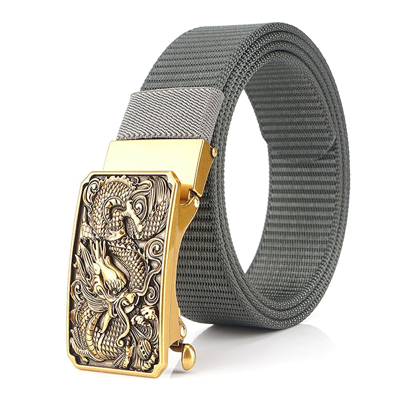 Men's military belt featuring a stylish dragon buckle in zinc alloy, perfect for tactical or casual wear.