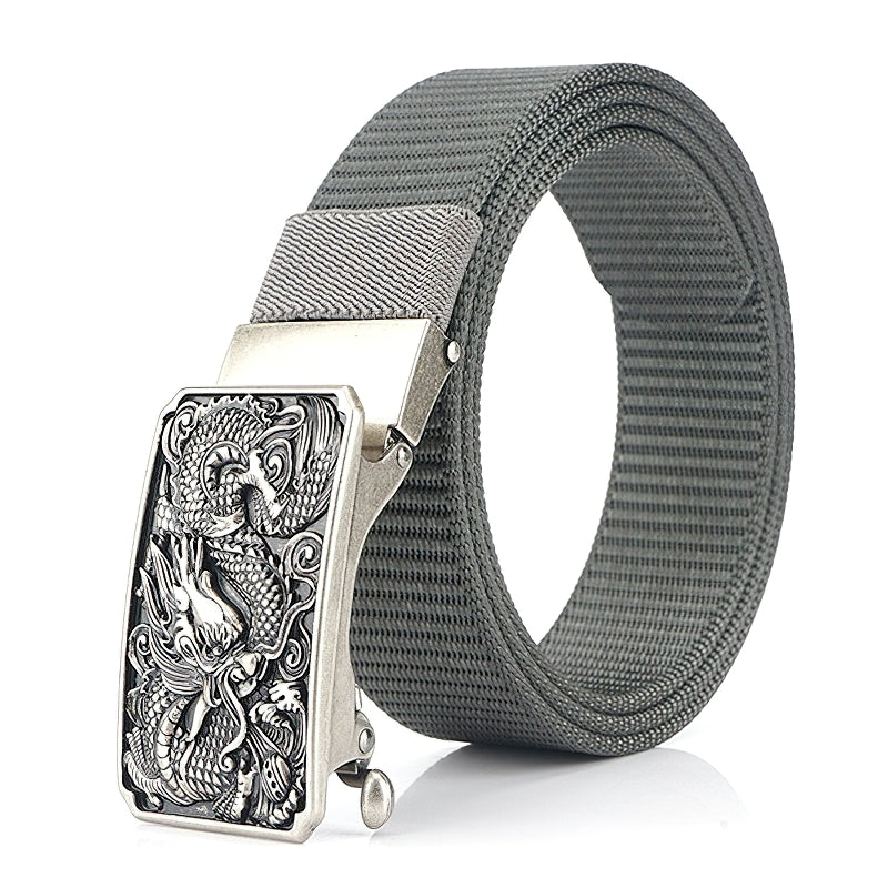 Men's military belt with dragon zinc alloy buckle and nylon strap, perfect for tactical style enthusiasts.