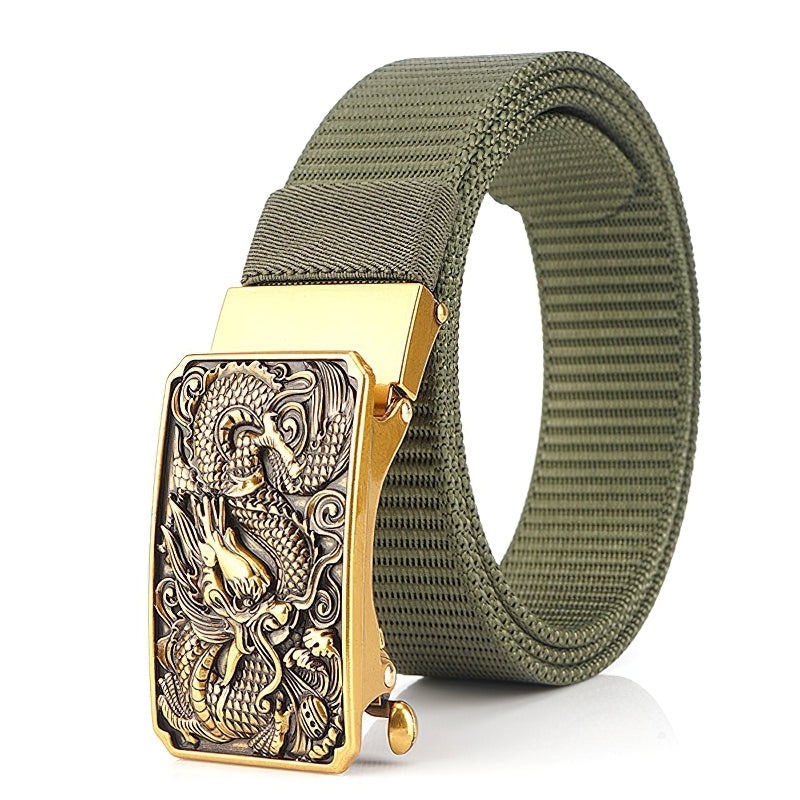 Men's military belt with dragon buckle, nylon body, tactical style, perfect for any season and adjustable size.