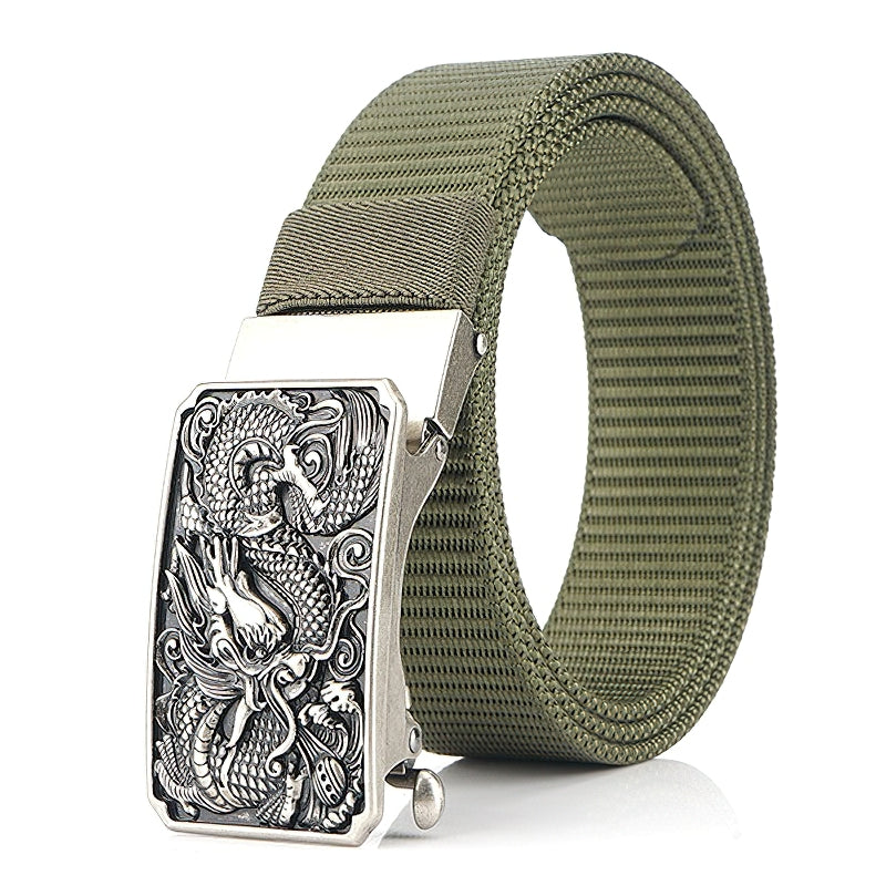 Men's military nylon belt featuring a zinc alloy dragon buckle, perfect for tactical and casual wear.