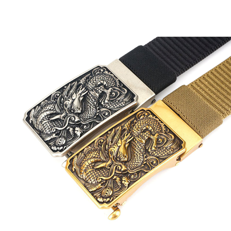 Men's military belts featuring adjustable nylon bodies and intricate zinc alloy dragon buckles in gold and silver.