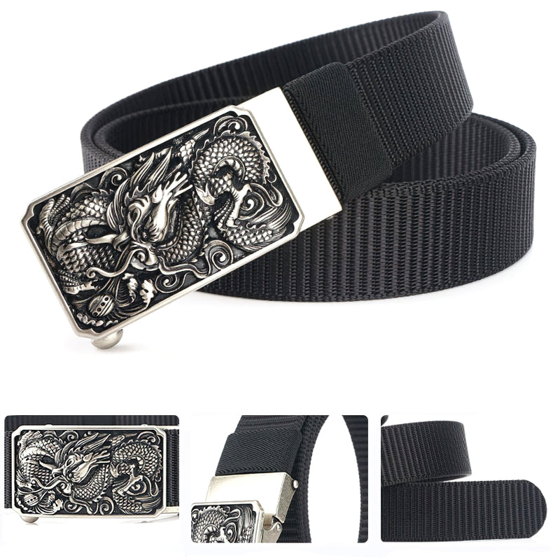 Men's military belt with a dragon buckle, crafted from nylon and zinc alloy, perfect for tactical style and everyday wear.
