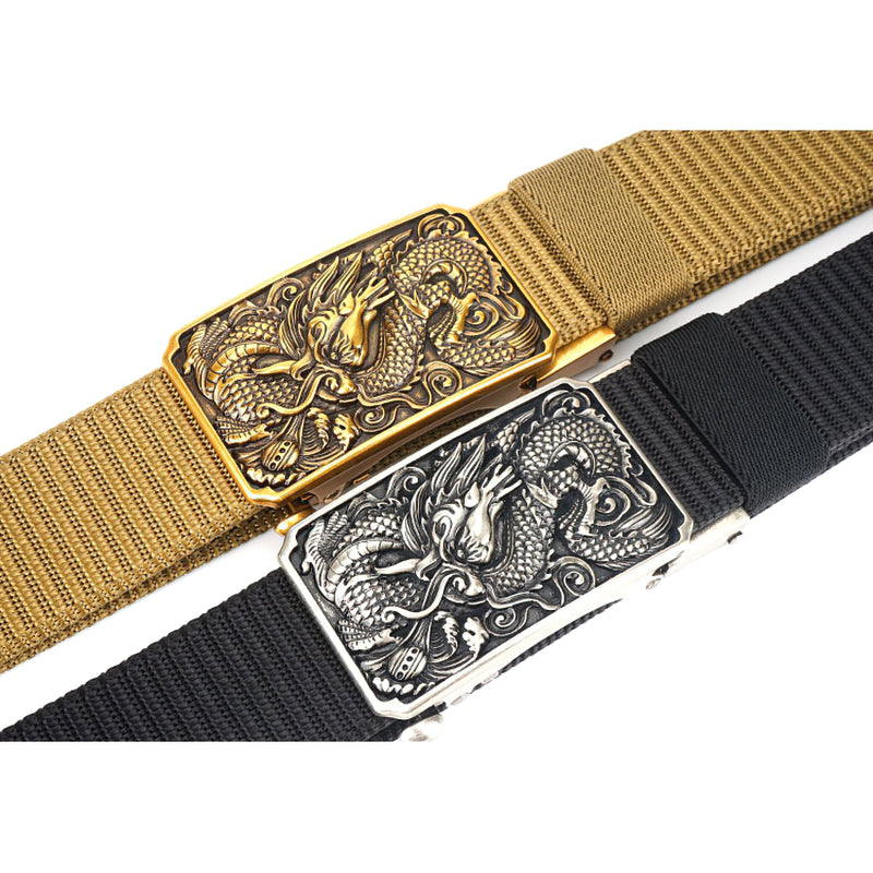 Men's military belts featuring dragon buckles in gold and silver, perfect for tactical style and durability.
