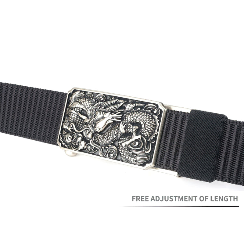 Men's military belt featuring a zinc alloy dragon buckle on a nylon body, adjustable for optimal fit.
