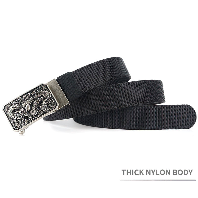 Men's military belt with thick nylon body and zinc alloy dragon buckle, perfect for tactical style and adjustable fit.