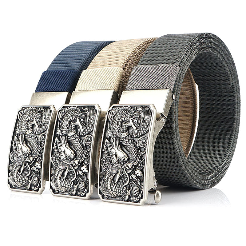 Men's military belts with dragon buckles in navy, beige, and gray nylon, perfect for tactical style.