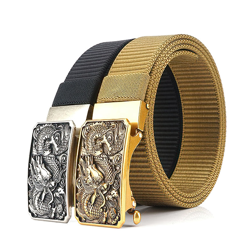 Men's military belts with dragon buckles in black and gold nylon, adjustable and stylish for tactical outfits.
