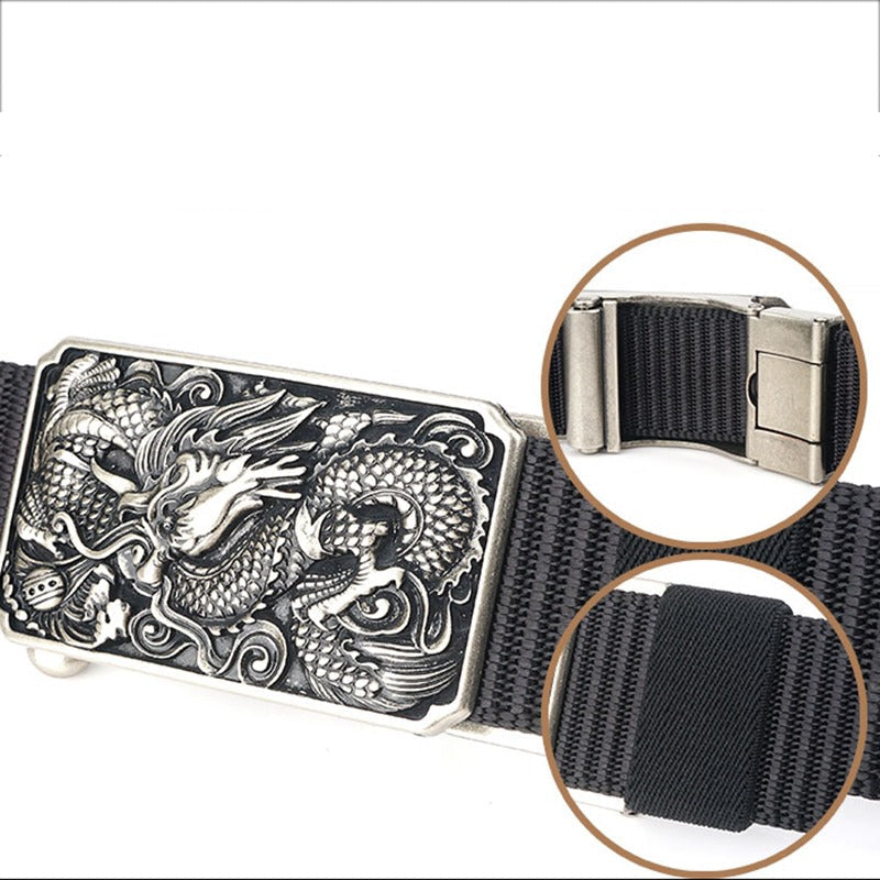 Men's military belt featuring a dragon buckle, made of durable nylon and zinc alloy, perfect for tactical style.