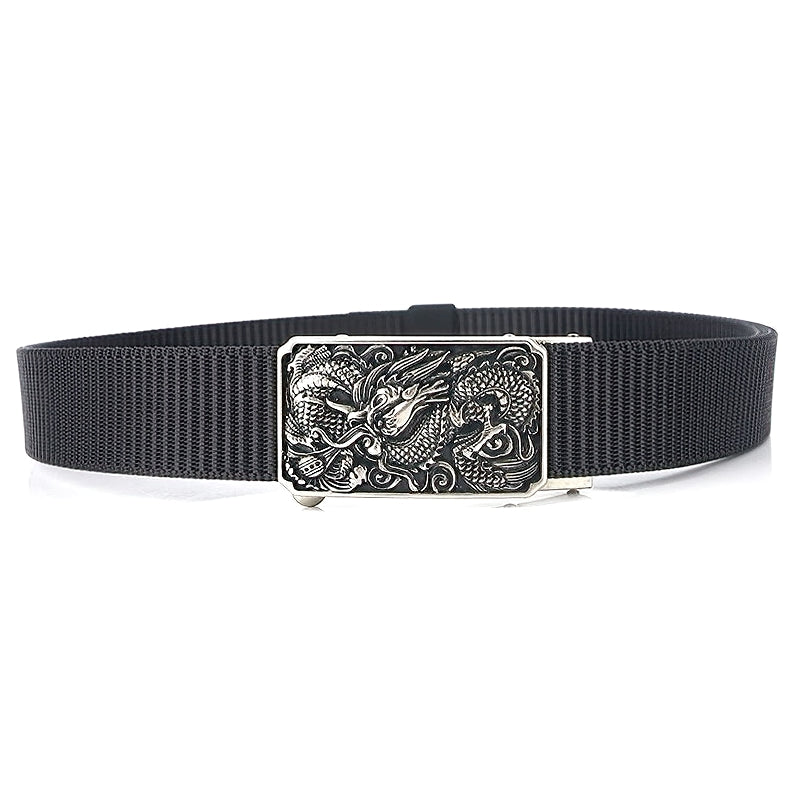 Men's military belt featuring a black nylon body and a zinc alloy dragon buckle for a classic tactical look.