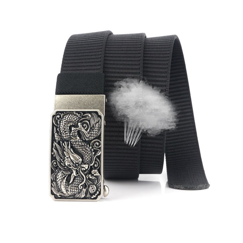 Men's military belt with a black nylon body and zinc alloy dragon buckle, ideal for tactical style.