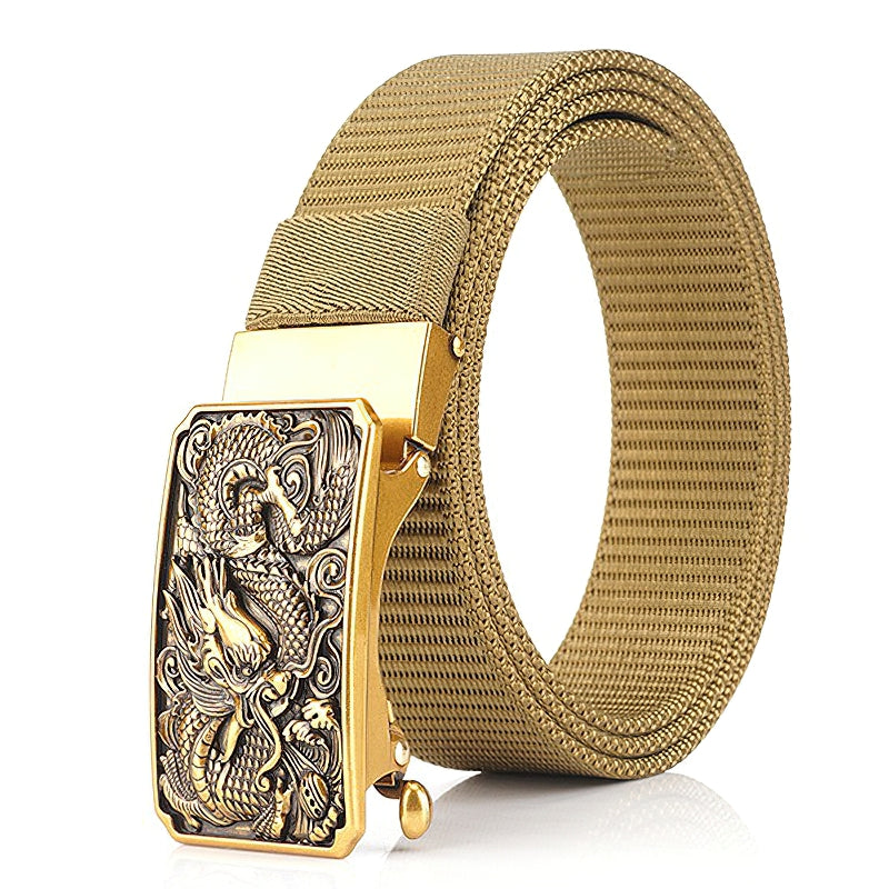 Men's military belt with a dragon buckle, nylon body, adjustable size, perfect for tactical style outfits.