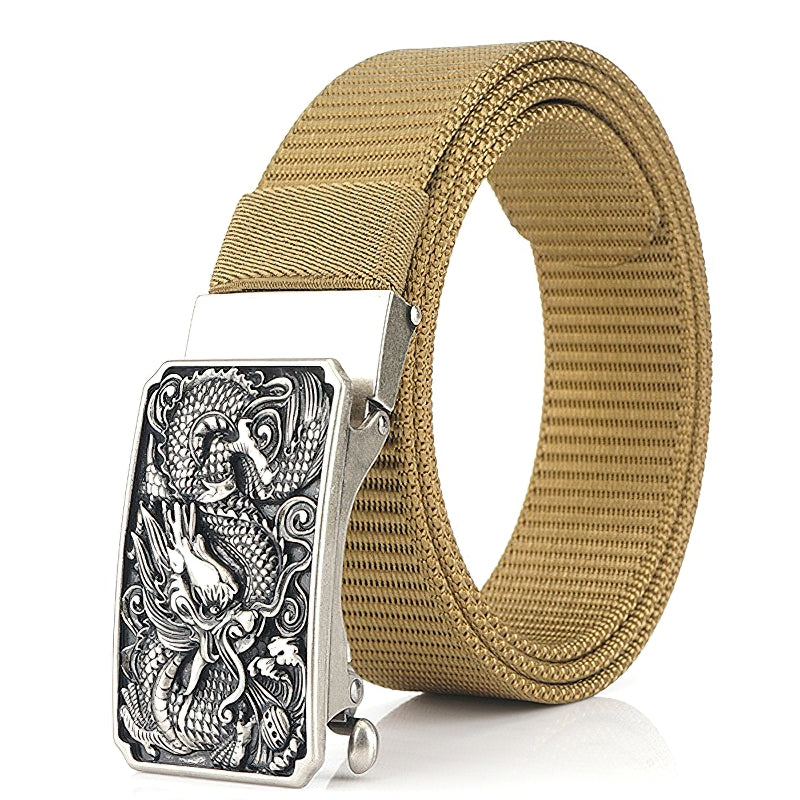 Men's military belt with adjustable nylon body and zinc alloy dragon buckle, ideal for tactical style and everyday wear.