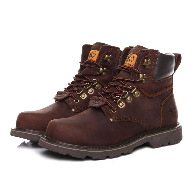 Men's Military Boots in brown leather with round toe and rubber soles, perfect for safety and casual fashion.