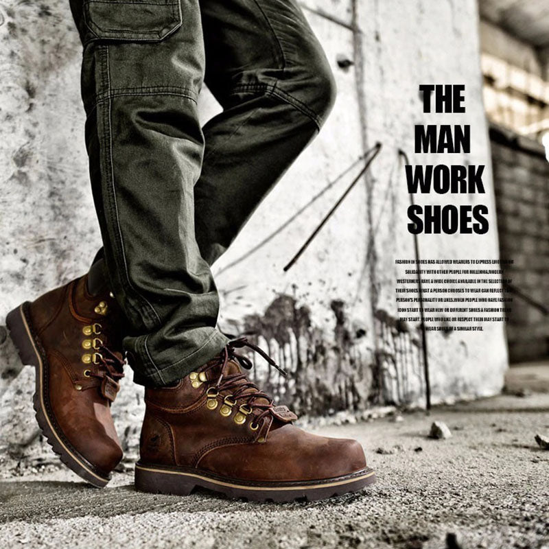 Men's military boots featuring brown genuine leather and lace-up design, perfect for work and casual outings.