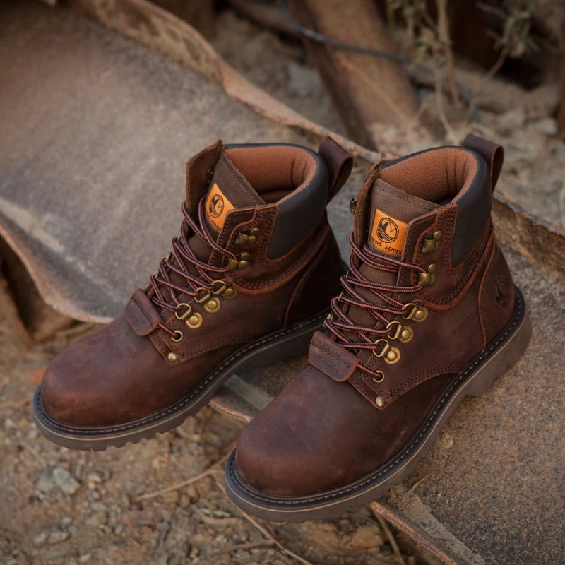 Men's military boots in brown genuine leather with lace-up design and rubber soles, ideal for safety and casual wear.