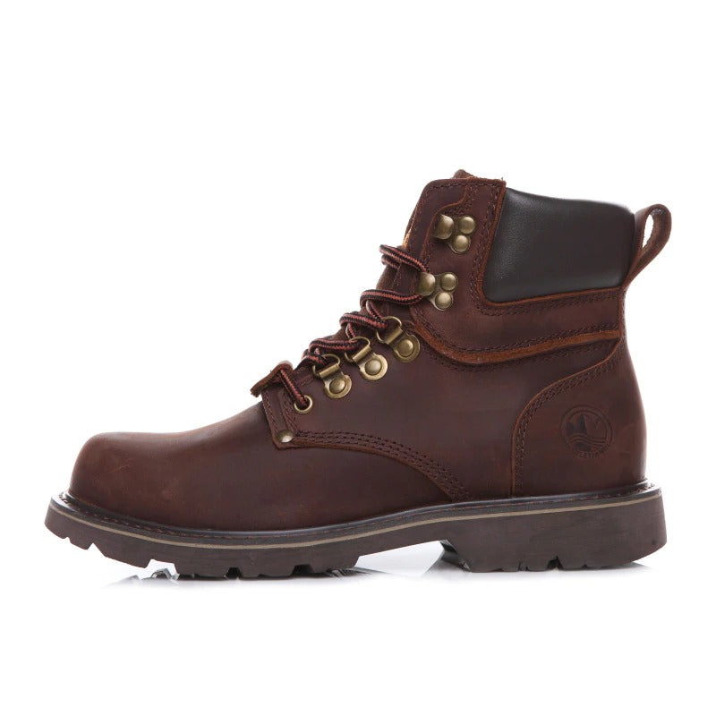 Men's military boots in brown genuine leather with lace-up design and rubber outsole, perfect for safety and style.