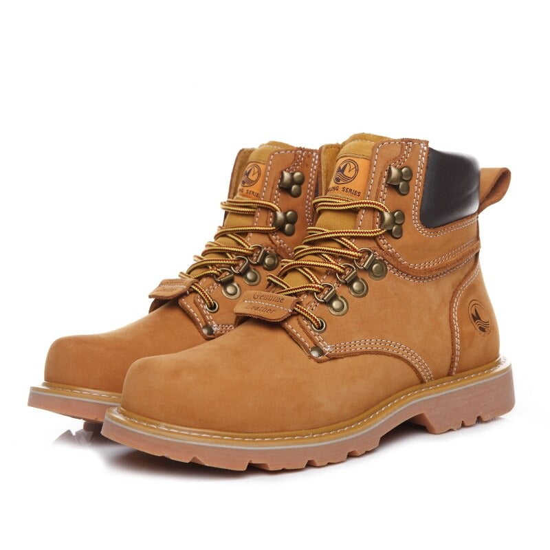 Men's military boots in tan genuine leather, featuring lace-up design and rubber outsoles for comfort and style.
