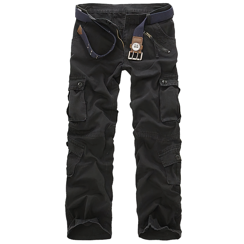 Men's black military cotton cargo pants with belt, featuring multiple pockets for everyday wear.