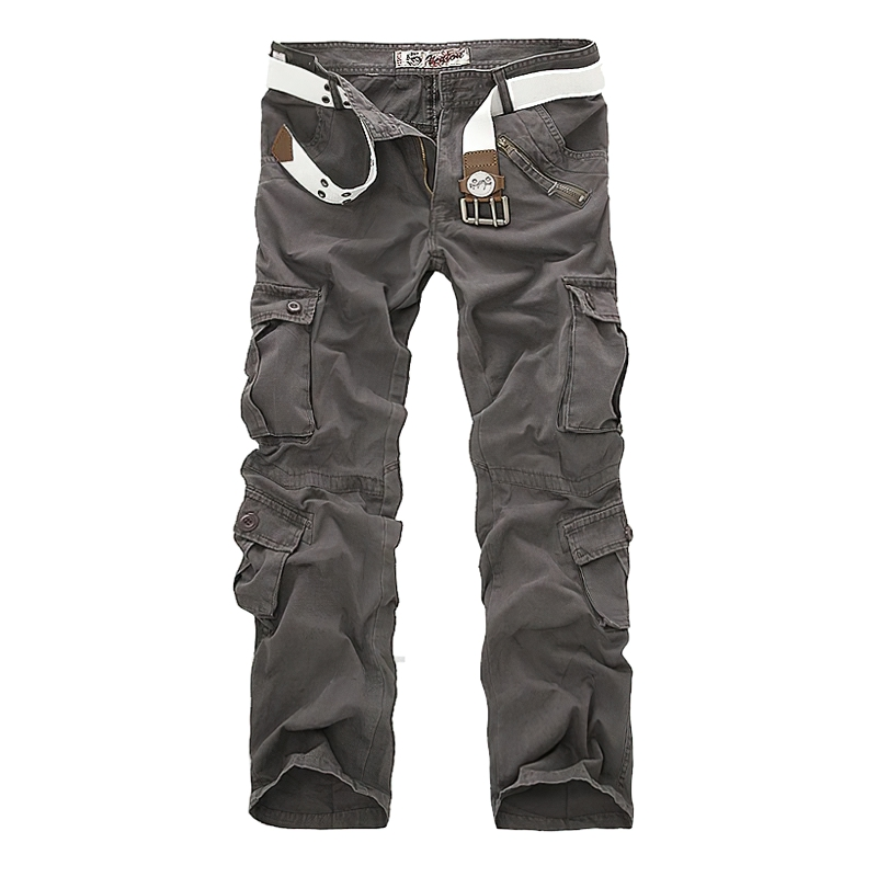 Men's military straight pants in grey with a belt and multiple pockets, perfect for everyday casual wear.
