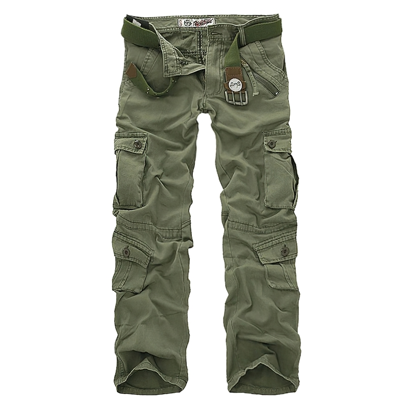 Men's cargo camouflage trousers in green with multiple pockets and a belt, perfect for daily wear.