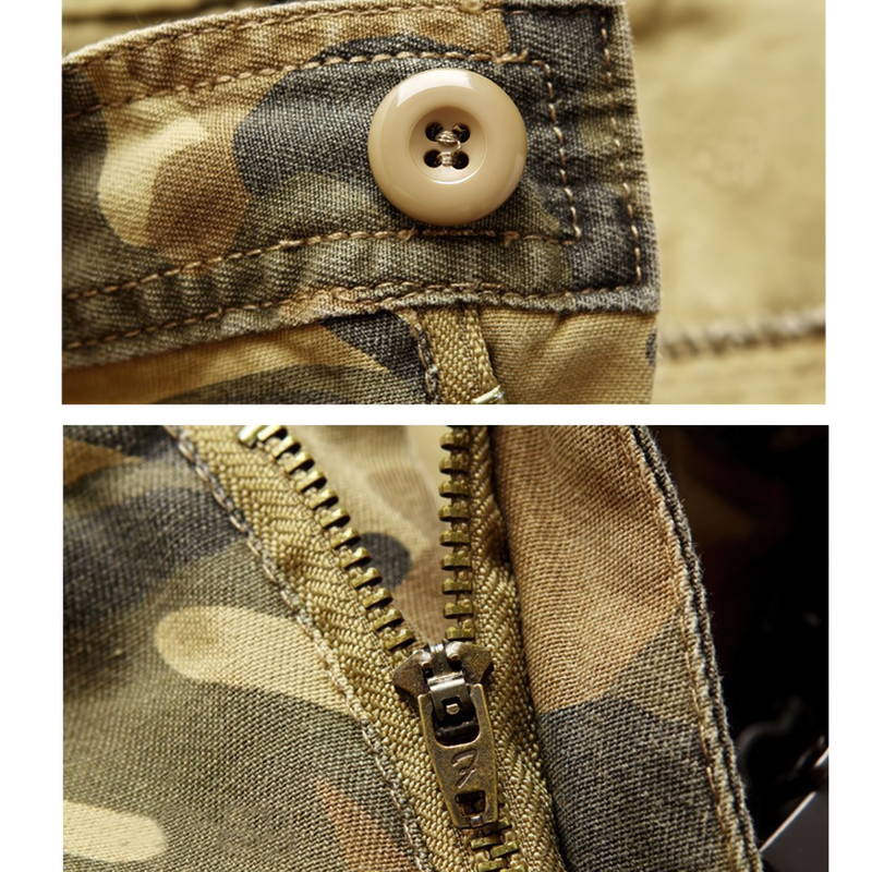 Close-up of men's camouflage cargo pants showing button and zipper details, ideal for comfortable everyday wear.