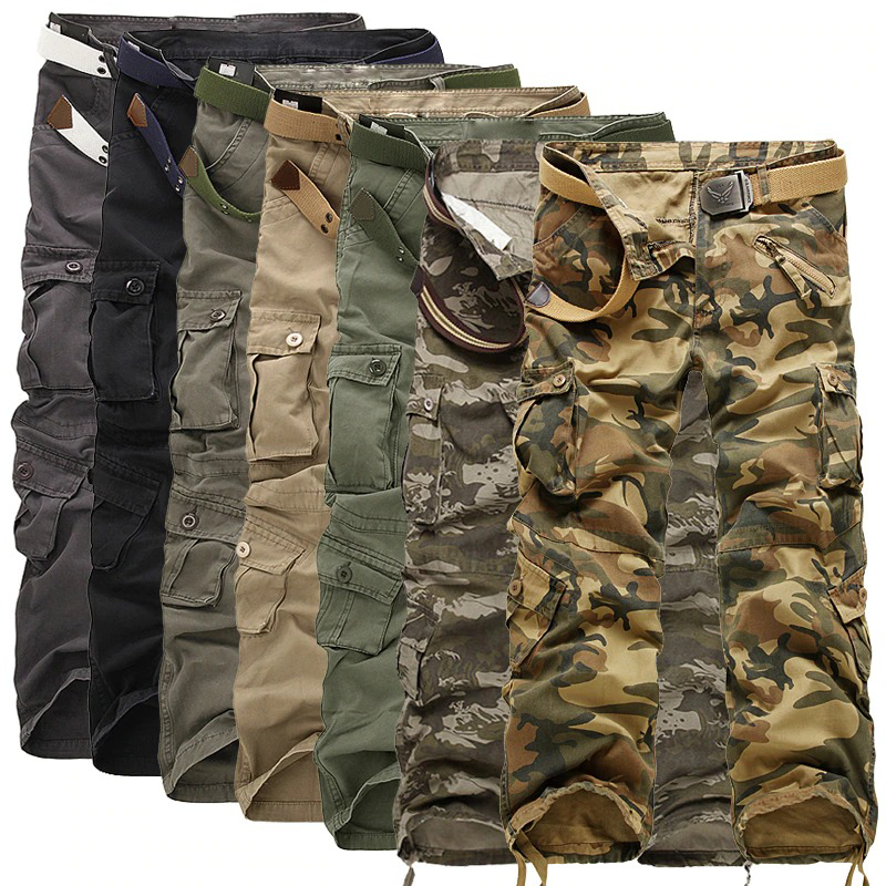 Men's military cotton straight pants in various colors and camo patterns with belts and multiple pockets.