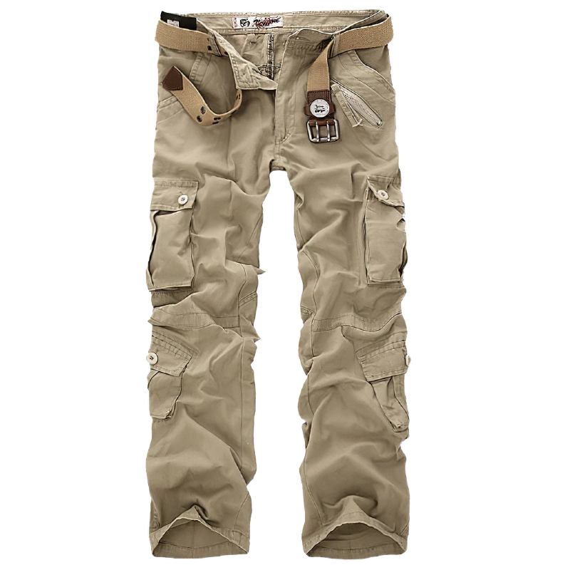 Men's beige cargo camouflage pants with belt and multiple pockets, perfect for casual everyday wear.