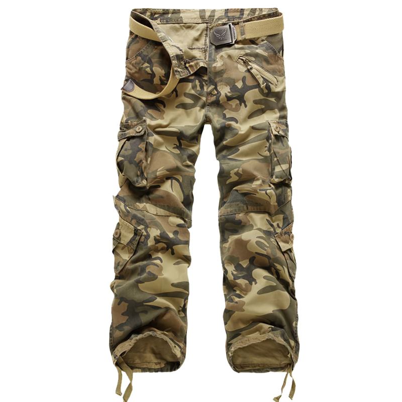 Men's camo cargo pants with belt, perfect for casual wear and featuring multiple pockets for convenience.