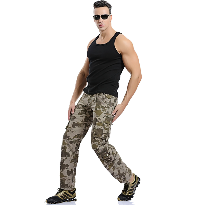 Men's camouflage cargo pants featuring multiple pockets, perfect for everyday wear with a stylish black tank top.