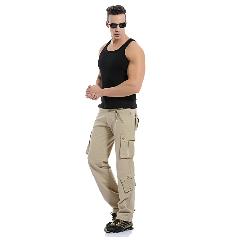 Men's military cotton straight pants in khaki, featuring cargo pockets, styled with a black tank top and sunglasses.