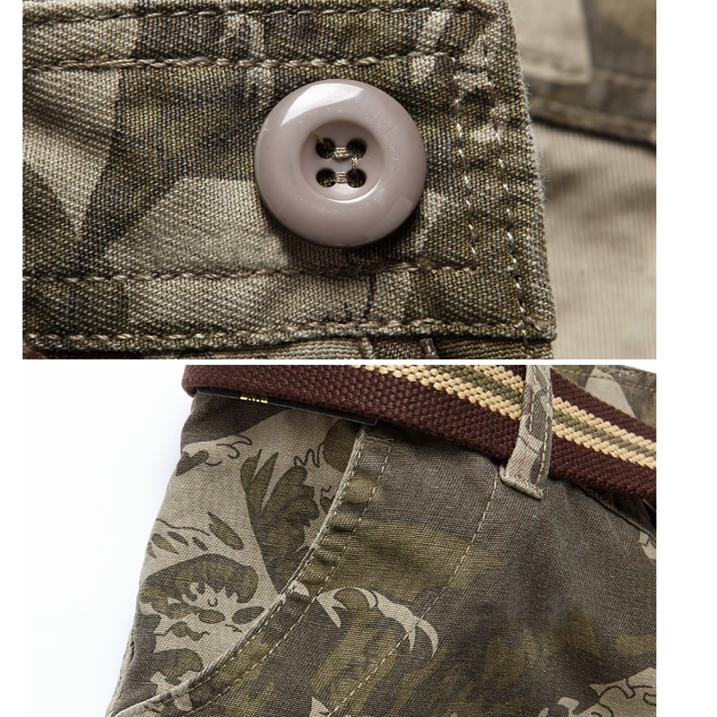 Close-up of men's camouflage cotton pants showcasing button and stylish belt detail.