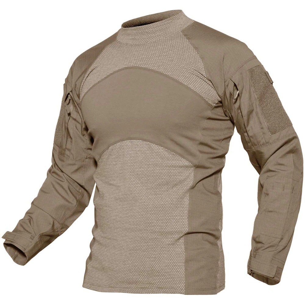 Men's military tactical sweatshirt in tan, featuring breathable fabric and camouflage details for outdoor activities.