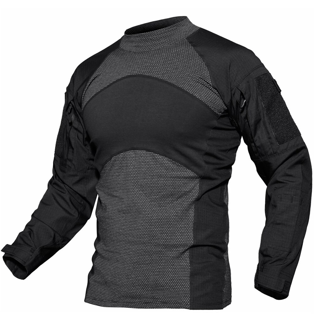Men's black military tactical long sleeve sweatshirt with breathable fabric and stylish design.