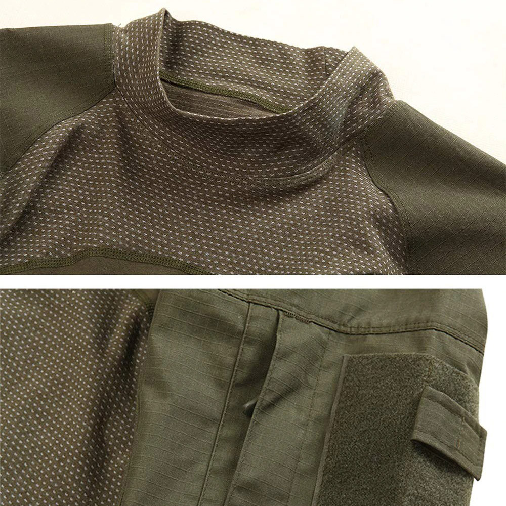 Close-up of men's military tactical sweatshirt showcasing breathable fabric and camouflage details.