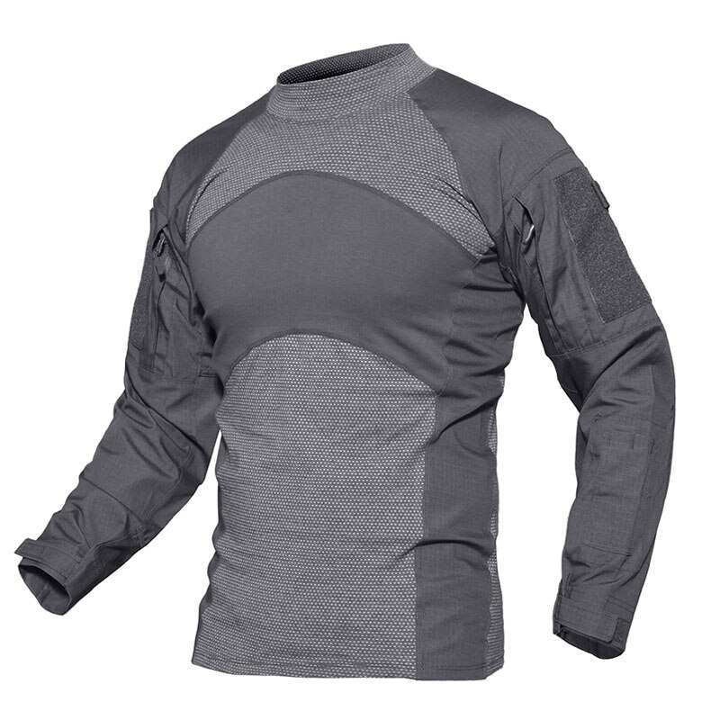 Men's military tactical long sleeve sweatshirt in gray, featuring breathable fabric and durable design for outdoor activities.