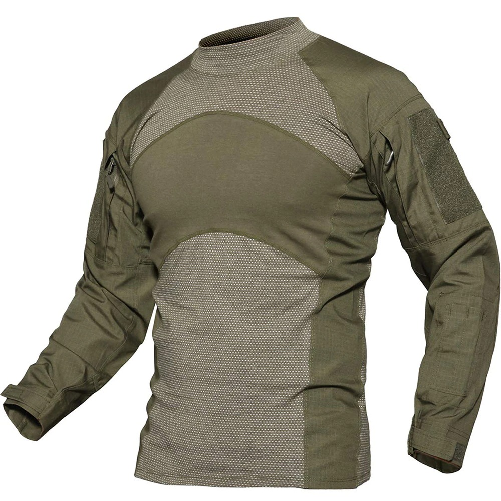 Men's military tactical camouflage long sleeve sweatshirt in olive green, breathable fabric for outdoor activities.