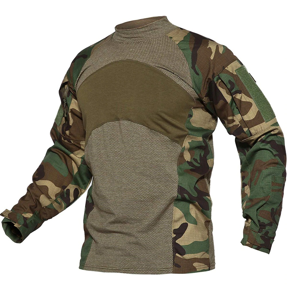 Men's military tactical camouflage long sleeve sweatshirt in green and brown, breathable fabric for outdoor activities.