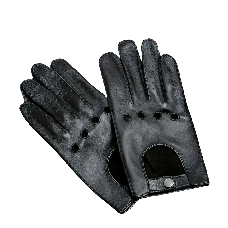 Men's black leather motorcycle riding gloves with full fingers and stylish perforations.
