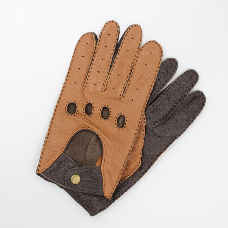 Men's classic motorcycle riding gloves in brown and black genuine leather with full fingers and stylish design.